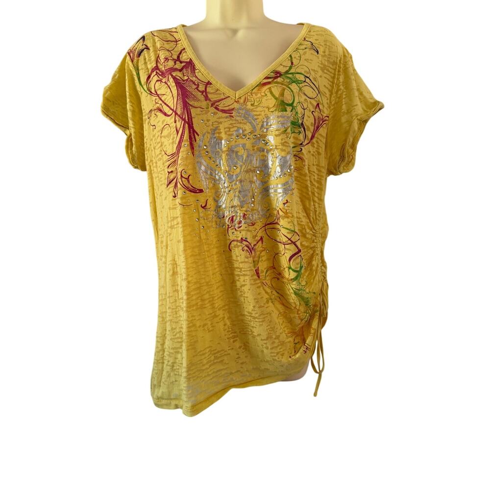 Apple Bottoms Vintage Y2K Yellow Burnout Tee Embellished Side Ruched Tie Size 2X